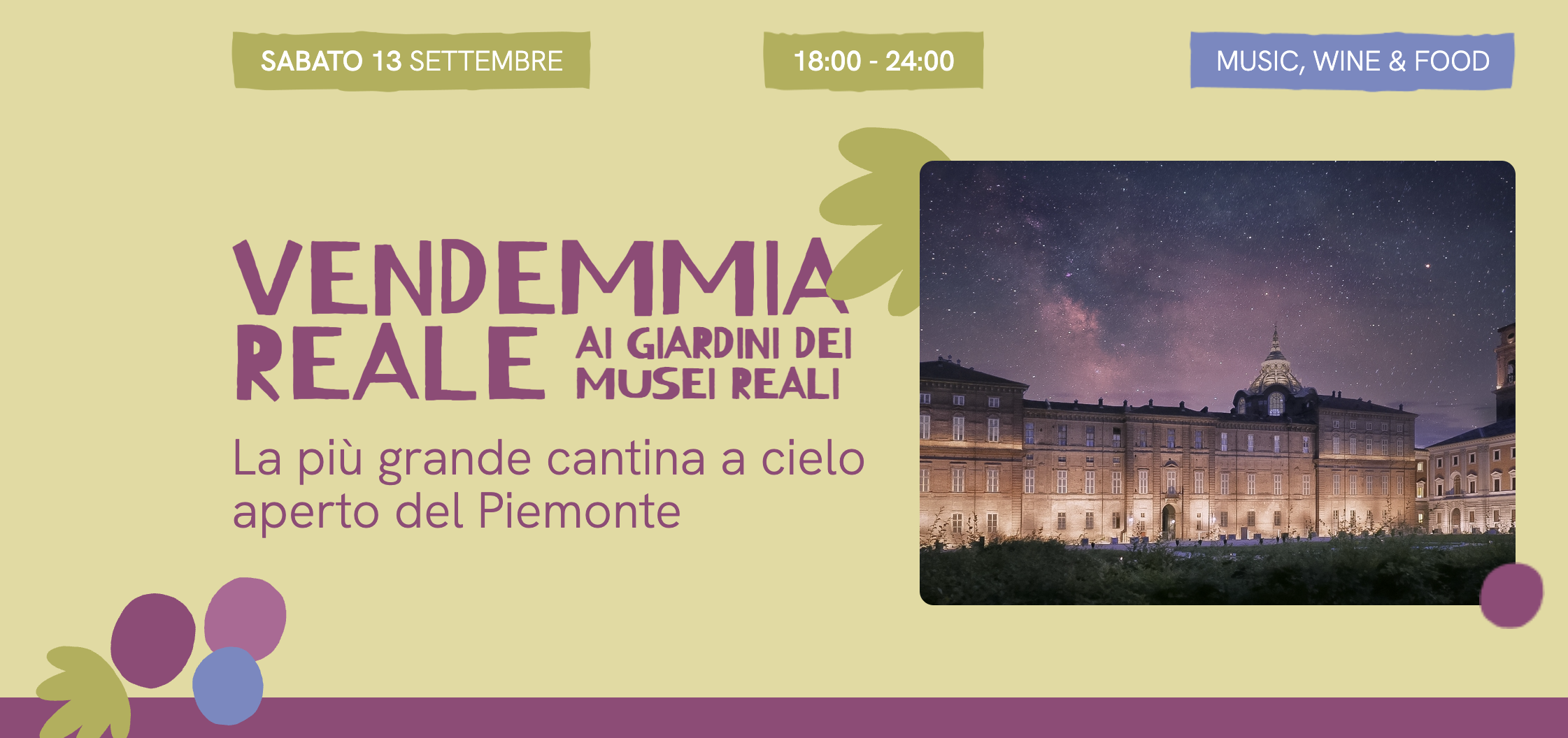 Vendemmia Reale: il 13 settembre una serata tra vino, arte e musica ai Musei Reali